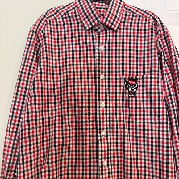 NC State “Horn Legend” Gingham Button-Down Shirt Men’s Small – Red Black White - Picture 2 of 7
